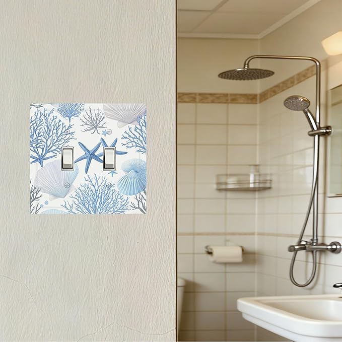 Coastal Blue Coral & Starfish Double Toggle Switch Cover - 2-Gang Standard US Size Watercolor Ocean Treasures Light Switch Covers, Serene Underwater Garden for Beach House Decor
