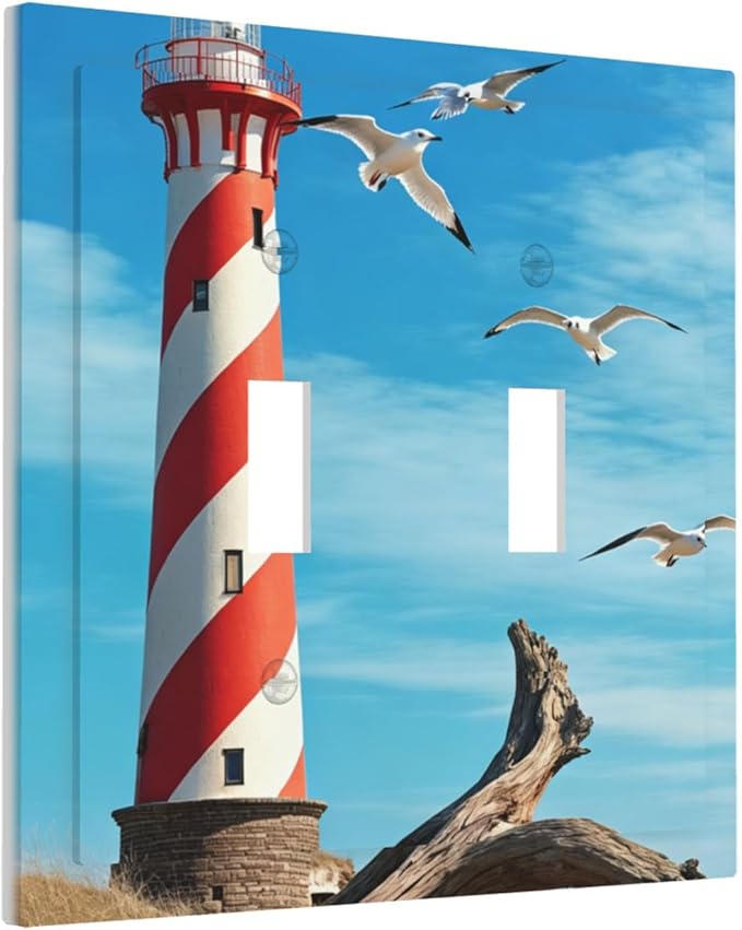 Lighthouse Coastal Scene Double Toggle Switch Cover - 2-Gang Standard US Size Nautical Coastal Beacon Light Switch Covers for Living Room Bathroom Decor