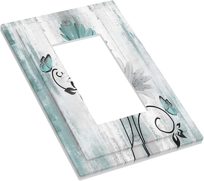Teal Daisy Vintage Flower Butterfly Rustic Wood Print Decorative Outlet Covers 1 Gang Single Rocker Light Switch Cover Plate Wall Plates GFCI Faceplate for Farmhouse Home Decor