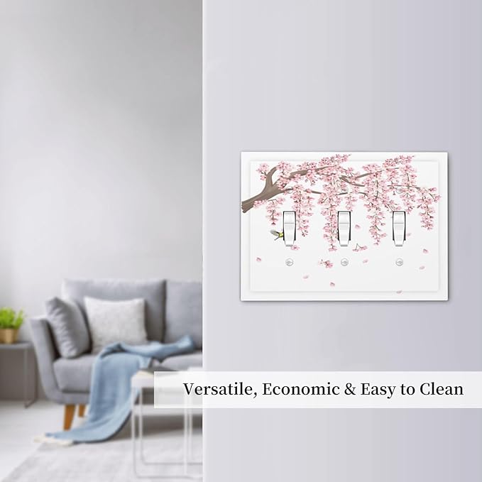 Pink Flower Tree Branch Cherry Blossom Tree Floral Birds Decorative Switch Plates 3 Gang Wall Plate Triple Toggle Light Switch Cover Faceplate Electrical Wall Panels for Bedroom Living Room Decor
