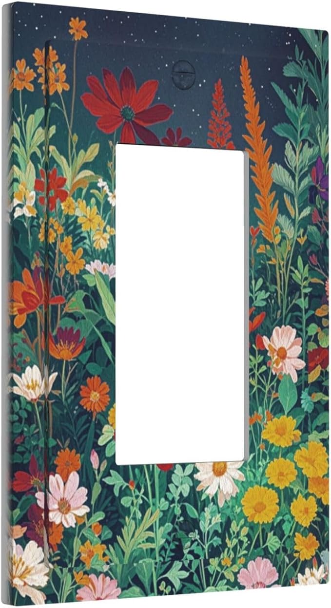 Decorative Light Switch Cover Plate with Wildflowers & Stars Botanical Floral Art Design 1 Gang Rocker Outlet Covers Single Decora Gfci Device Wall Plate for Garden Theme Wall Decor