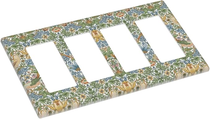William Morris Strawberry Thrush Birds 4 Gang Light Switch Cover Vintage Floral Flowers Plant Quad Rocker Outlet Covers Switchplates Decorative Electrical Wall Plate for Country Home Decor