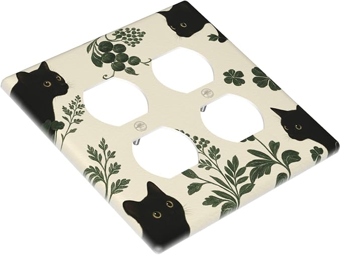 Decorative Outlet Covers Funny Black Cat Green Leaf 2 Gang Light Switch Cover Plate Double Duplex Wall Plates for Electrical Outlets Switch Plate Covers for Bedroom Home Decor