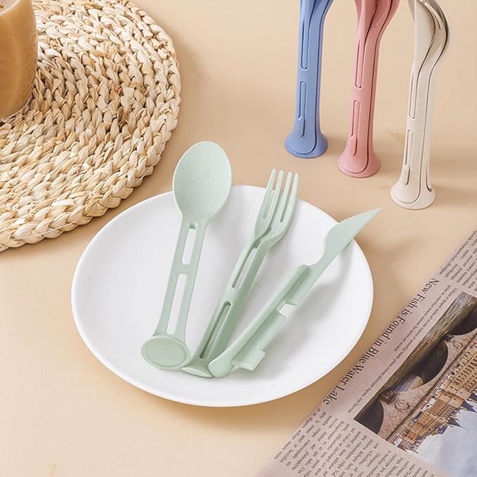 3PCS Wheat Straw Cutlery, Reusable Utensils Set Portable Travel 3 in 1 Spoon Fork Knife Tableware, Eco-Friendly, BPA Free, Flatware for Kids Adults, Travel Picnic Camping (Green)