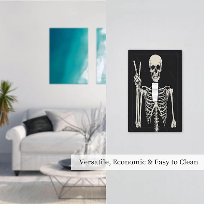 Decorative Light Switch Cover Skeleton Skull Boho Hippie Dark Background 1 Gang Single Toggle Device Electrical Faceplate Switchplates Decorator Outlet Wall Plate For Cabin Office Decor