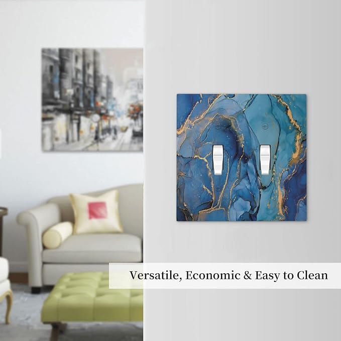 Blue Marble 2 Gang Double Toggle Light Switch Cover Decorative Electrical Switchplate Faceplate Modern Ombre Watercolor Ink Art Faceplate for Kitchen Bedroom Bathroom Standard Size