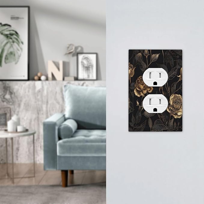Black Floral Dark Vintage Gold Rose Flower Outlet Covers 1 Gang Duplex Light Switch Cover Decorative Switch Plates Electrical Receptacle Faceplate Wall Plate for Bedroom Living Room Decor