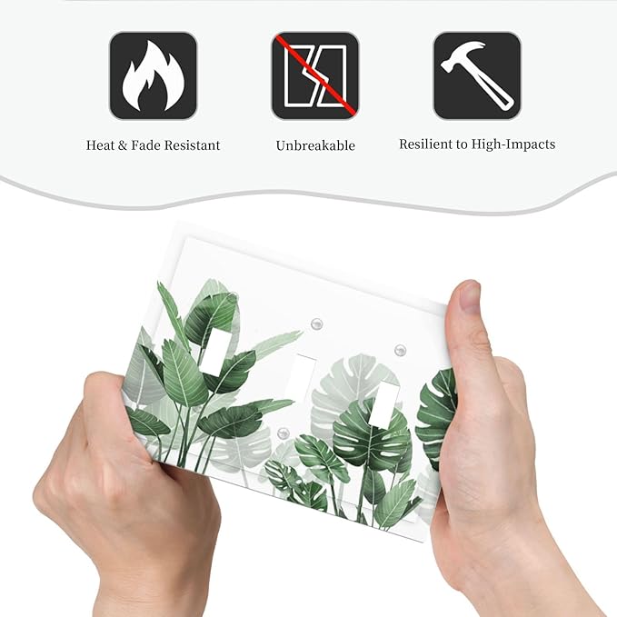 Decorative Switch Plates Boho Tropical Plant Natural Palm Leaf 3 Gang Wall Plate Triple Toggle Light Switch Cover Faceplate Electrical Wall Panels For Bed Room Living Room Decor