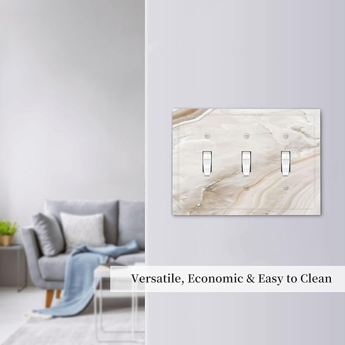 Decorative Switch Plates Beige Marble Pattern 3 Gang Wall Plate Faceplate Triple Toggle Light Switch Cover Electrical Wall Panels for living Room Bedroom Decor