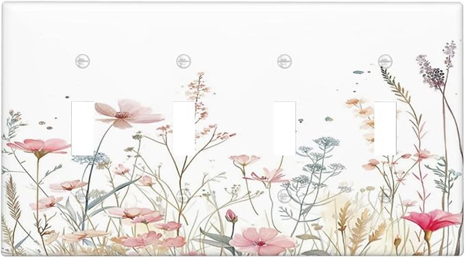 Watercolor Wildflower Pink Flower Plant Floral Light Switch Covers Quad Toggle Electrical Faceplate 4 Gang Wall Plate Decorative Switch Plates for Bedroom Living Room Decor