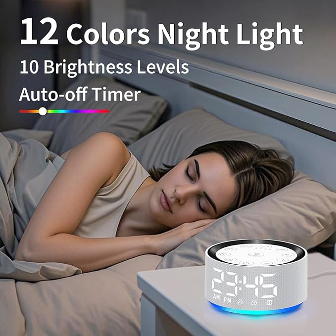 Alarm Clock Sound Machine White Brown Noise Machine with 30 Sleeping Sounds for Baby Kids Adults Night Light Bedroom 2 Alarms Backup Battery 32-Level Vol 15 Wake up Sounds for Mild Heavy Sleeper