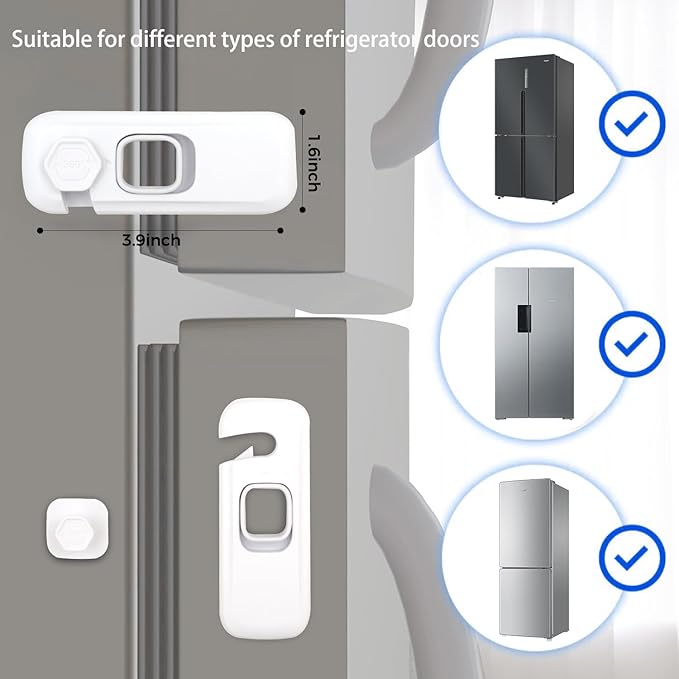 Fridge Child Lock for Refrigerator, Freezer and Cabinet, 2 Pack Adhesive Baby Proof Latches, White