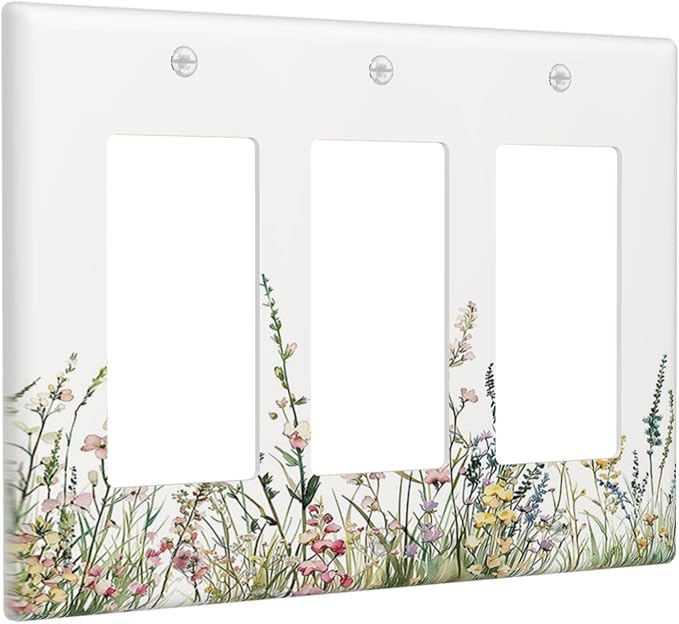 Light Switch Covers Boho Wildflower Green Leaves Rustic Floral Botanical 3 Gang Rocker Electrical GFCI Decorative Triple Outlet Wall Plate Cover Switchplate for Bedroom living Room Decor