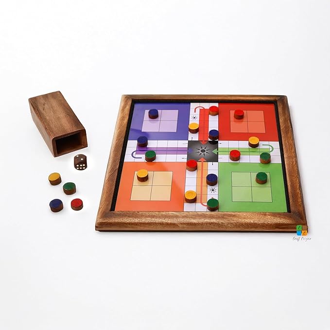 10 Inch Wooden 2-in-1 Ludo & Snakes Board Game, Reversible Travel Set with Storage Bag & Organizer Box (All-in-One Storage)