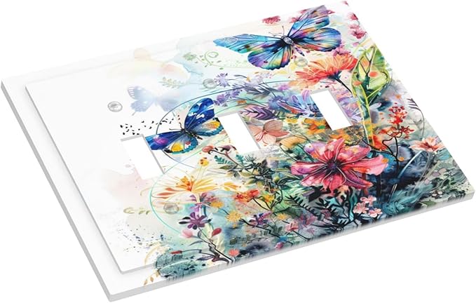 Light Switch Cover Plate Watercolor Colorful Floral Butterflies Wildflowers 3 Gang Triple Toggle Decorative Switch Plates Wall Plates Electrical Switchplate Faceplate for Bathroom Bedroom