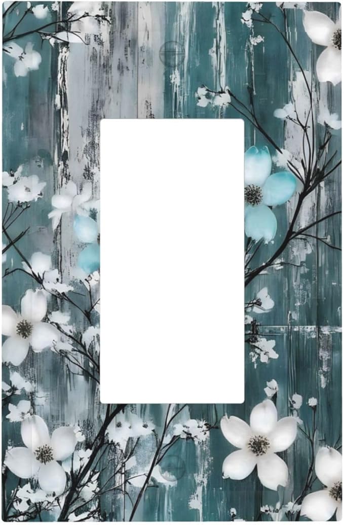 Rustic Blue Watercolor Flower Wooden Background Decorative Outlet Covers 1 Gang Single Rocker Light Switch Cover Plate Wall Plates GFCI Faceplate for Bedroom Living Room Decor
