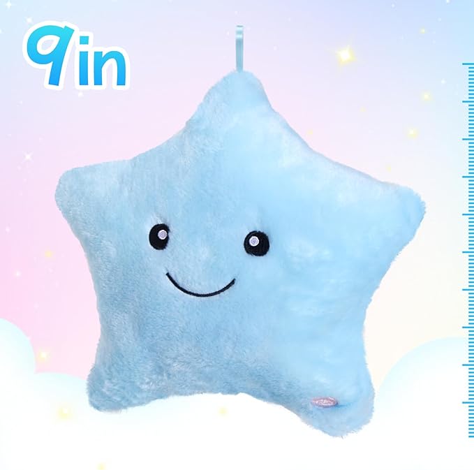 WEWILL 9'' LED Twinkle Star Soft Plush Toys Glowing Stuffed Star Light up Plush with Colorful Night Lights Birthday Gift for Toddler Kids(Blue)