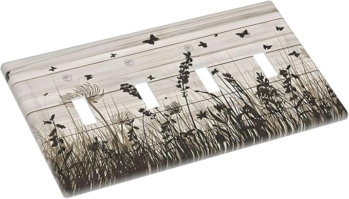 Wildflower Butterfly Grass Dandelion Vintage Wooden Print Light Switch Covers Quad Toggle Electrical Faceplate 4 Gang Wall Plate Decorative Switch Plates Cover for Farmhouse Home Decor
