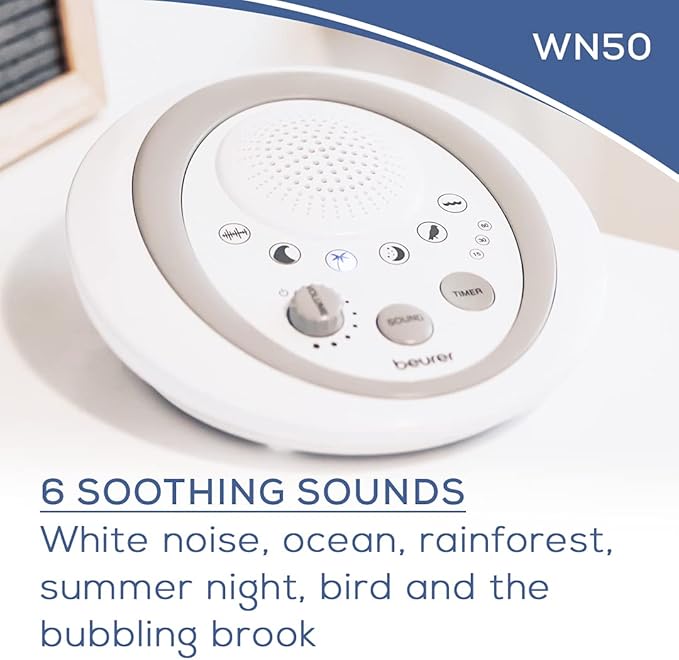 Beurer White Noise Machine, Sound Asleep for Home, Office, Baby Non-Looping Soothing for Relaxation & Portable Travel with Natural Sound Choices & Noise Cancelling, Adjustable Volume, WN50
