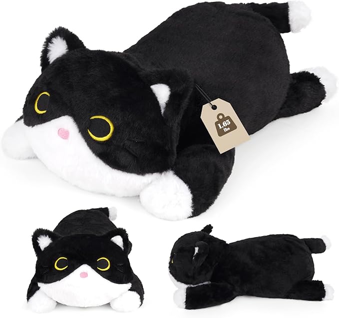 Weighted Cat Stuffed Animal,Cute Black and White Tuxedo Cat Plush Soft Weighted Plushies, Cuddleable Sensory Comfort Pillow for Kids Boys Girls Christmas Birthday Gift，17in 1.6lbs