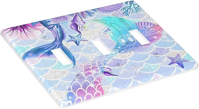 Mermaid Girl Light Switch Cover Plates Decorative 3 Gang Triple Toggle Wall Plate Electrical Switchpalte Faceplate for Kid Bedroom Home Bathroom Decor 6.4" x 4.5"
