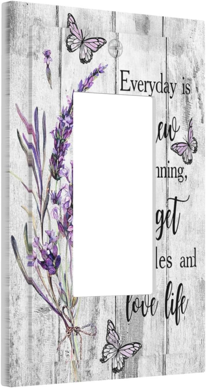 Outlet Covers Purple Lavender Flower Butterfly on Wood Plank 1 Gang Wall Plate Single Rocker Light Switch Cover Inspirational quotation Floral Decorative GFCI Receptacle Cover Electrical Switchplate