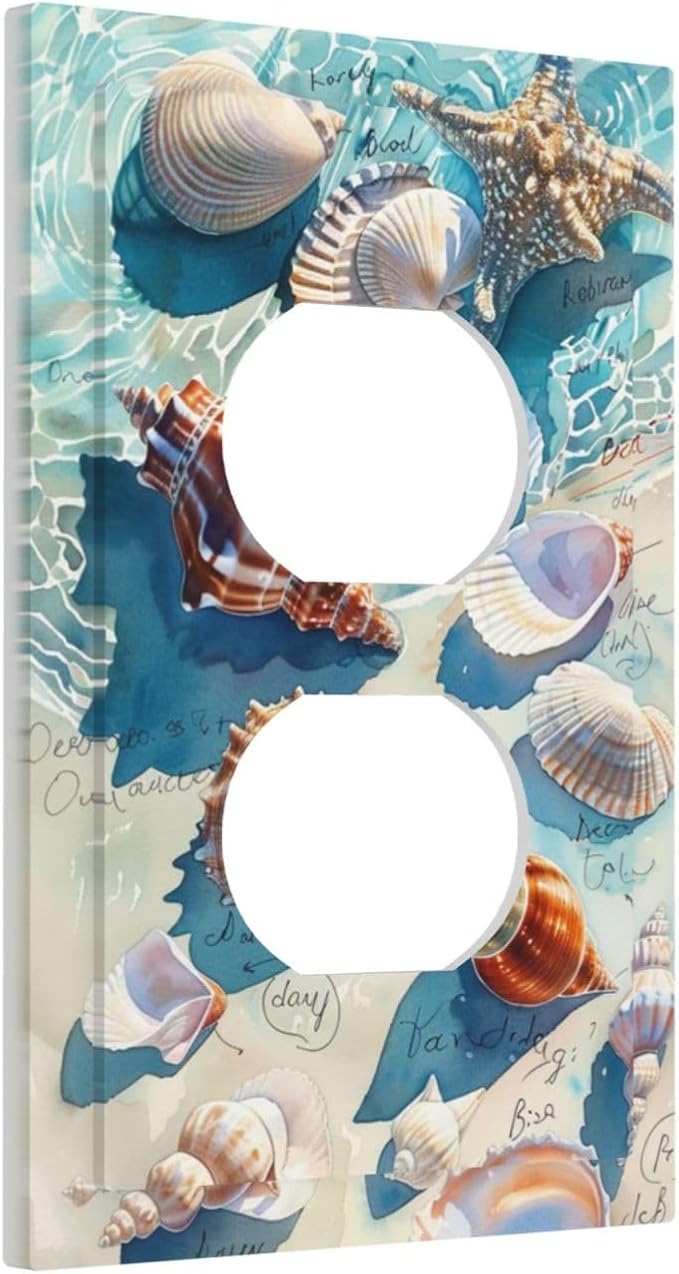 Outlet Covers Ocean Waves Starfish Conch Scallop Shell 1 Gang Duplex Light Switch Cover Decorative Switch Plates Electrical Receptacle Faceplate Wall Plate For Kids Room Nursery Decor