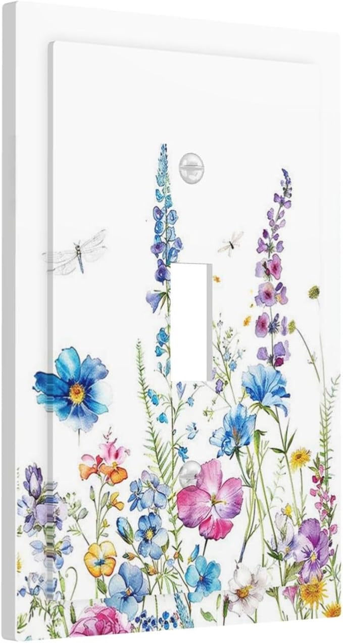 Decorative Light Switch Cover Boho Colorful Flowers Plants And Dragonflies 1 Gang Single Toggle Decorator Outlet Wall Plate Device Electrical Faceplate Switchplates for Bedroom living Room