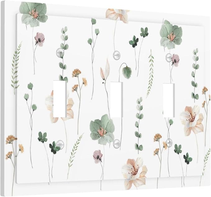 Decorative Switch Plates Watercolor Floral Botanical Flowers 3 Gang Wall Plate Triple Toggle Light Switch Cover Faceplate Electrical Wall Panels For Living Room Bed Room Decor