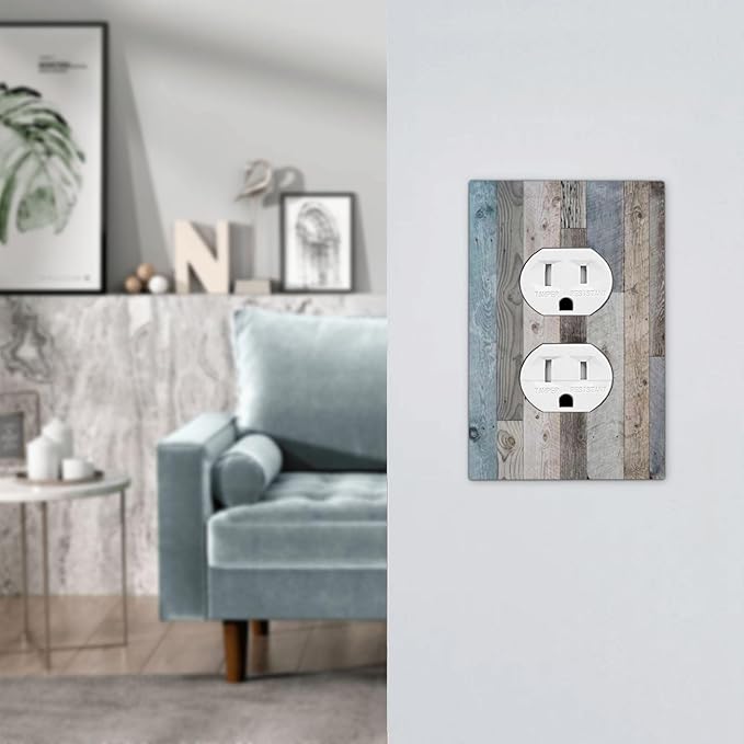 1 Gang Duplex Receptacle Outlet Cover Retro Rustic Vintage Barn Western Blue Grey Wood Plank Country Old Garage Style Electrical Wall Plate One Gang Dual Device Light Switch Faceplate Socket Cover