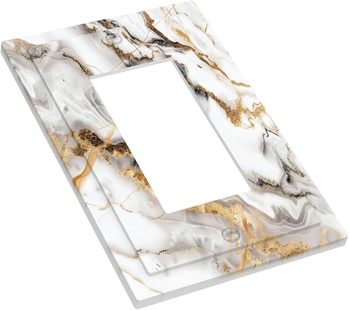 Luxurious Marble Abstract White Gold Tile Modern Simplicity Decorative Outlet Covers 1 Gang Single Rocker Light Switch Cover Plate Wall Plates GFCI Faceplate for Bathroom Kitchen Decor
