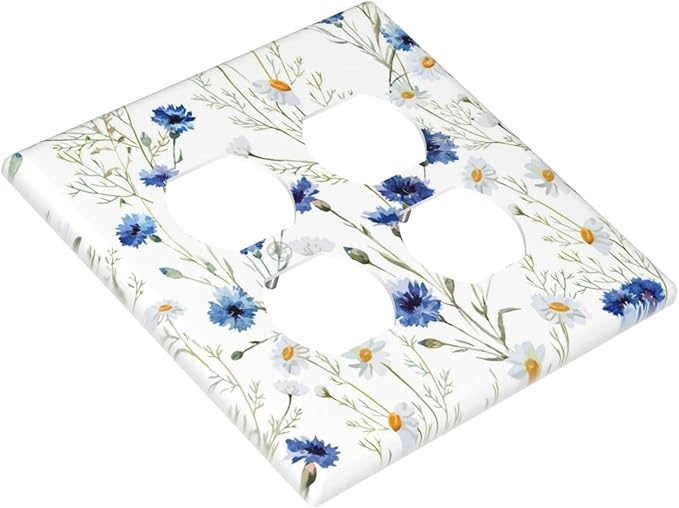 Decorative Light Switch Cover Plate Watercolor Daisy Blue Floral Vintage Plant 2 Gang Decorative Switch Plates 1 Toggle Duplex Combo Outlet Covers GFCI Plug Covers Wallplates for Bedroom Home Decor