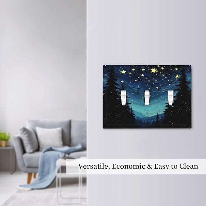 Decorative Switch Plates Blue Starry Sky Forest Painted Star Pine Tree Oil Painting 3 Gang Wall Plate Faceplate Triple Toggle Light Switch Cover Electrical Wall Panels for Bedroom Cabin