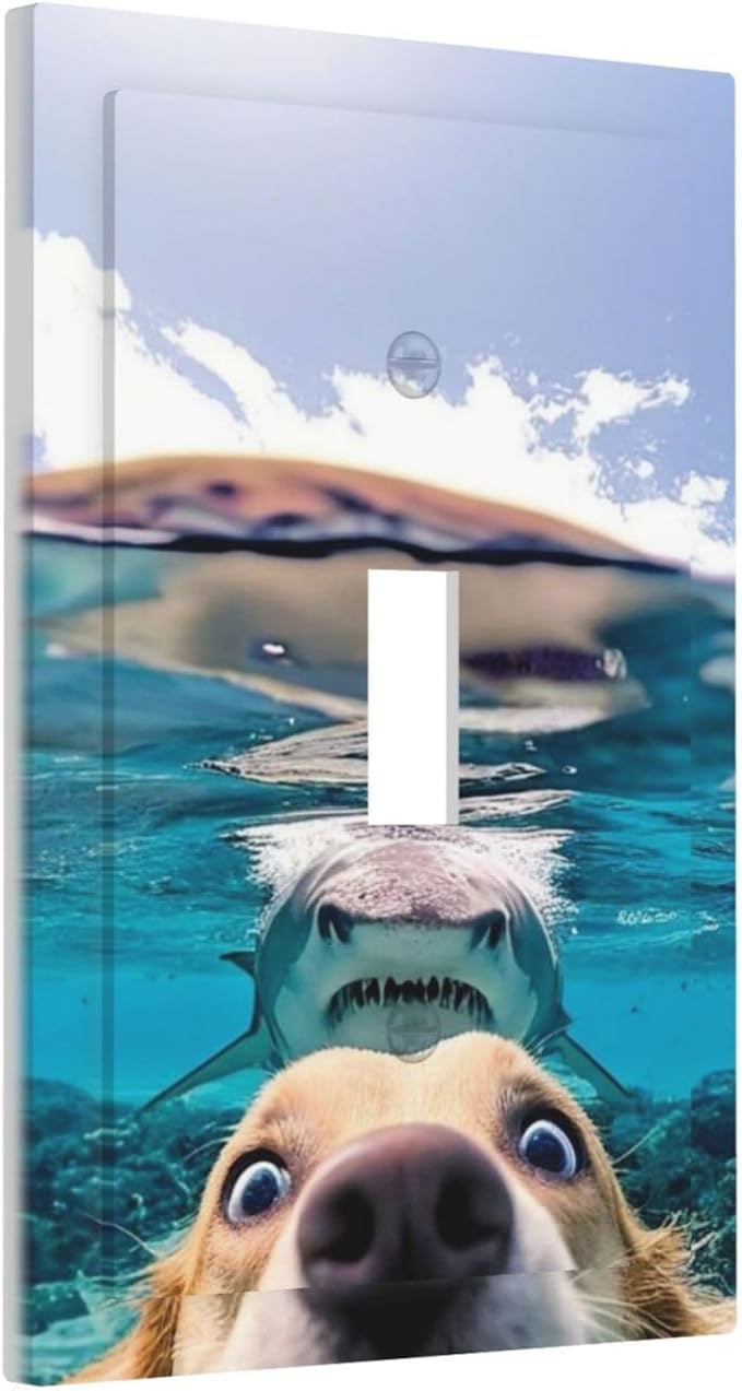 Decorative Light Switch Plate Covers Angry Shark Chased Funny Dog Underwater Sea 1 Gang Wall Plate Single Toggle Switch Cover Plate Jumbo Electrical Switchplate Receptacle Faceplate