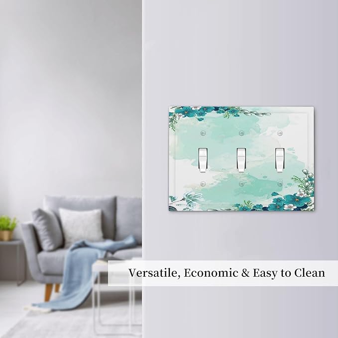 Decorative Switch Plates Blue Green Flowers Light Green Watercolor Patterns 3 Gang Wall Plate Faceplate Triple Toggle Light Switch Cover Electrical Wall Panels for Bedroom Home Decor