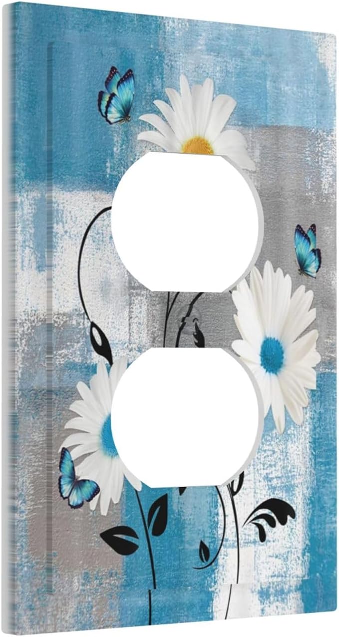 Rustic Daisy Teal Blue Floral Vintage Plant Single Duplex Wall Plate Covers Light Switch Cover 1 Gang Outlet Plate Decorative Switchplate Covers Electrical Faceplate for Farmhouse Bedroom Decor