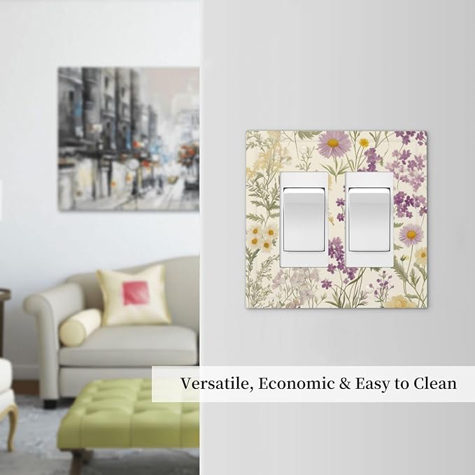 Watercolor Floral Leaves Double Rocker Light Switch Cover Small Purple Flowers Daisies 2 Gang Outlet Covers Switchplates Decorative Electrical Wall Plate for Country Bedroom Living Room Decor