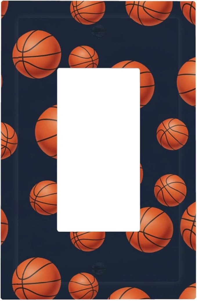 Basketball Single Rocker Switch Cover - 1-Gang Standard US Size Sports Design Navy Blue Light Switch Covers, Vintage Basketball for Boys Room