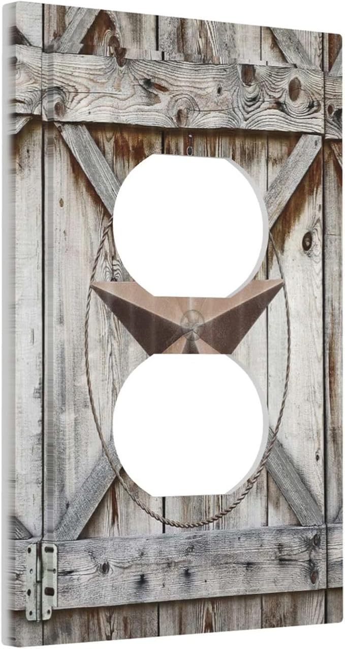Rustic Western Texas Star Barn Door 1 Gang Outlet Plate Covers Decorative Single Duplex Wall Plate Electrical Receptacle Light Switch Cover Art Faceplate Switchplate for Farmhouse Living Room Decor