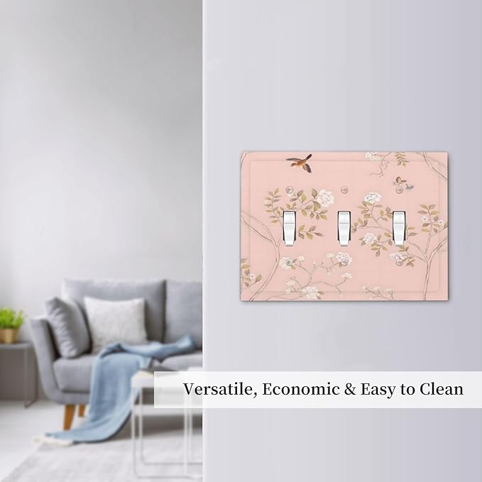 Pink Background Flowers Bird Butterflies Floral Decorative Switch Plates 3 Gang Wall Plate Triple Toggle Light Switch Cover Faceplate Electrical Wall Panels for Bedroom Living Room Decor