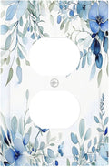 Watercolor Blue Flower Plant Floral Green Leaves Outlet Covers 1 Gang Duplex Light Switch Cover Decorative Switch Plates Electrical Receptacle Faceplate Wall Plate for Bedroom Living Room Decor