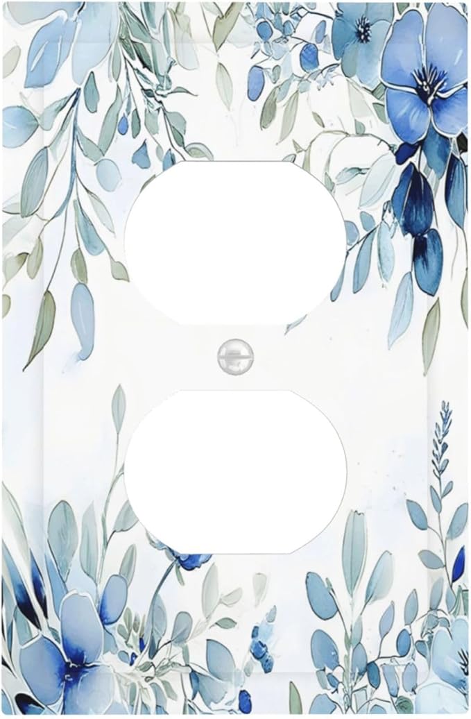 Watercolor Blue Flower Plant Floral Green Leaves Outlet Covers 1 Gang Duplex Light Switch Cover Decorative Switch Plates Electrical Receptacle Faceplate Wall Plate for Bedroom Living Room Decor