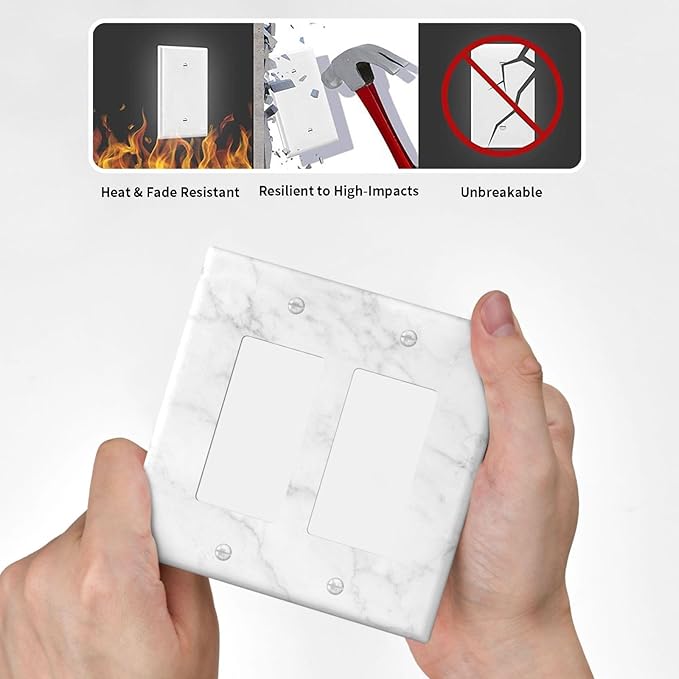 Faux White Marble Printed Double Gang Rocker Decorative Light Switch Cover, 2-Gang Wall Plate Outlet Cover