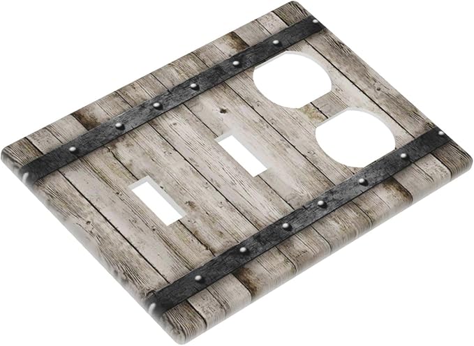 Vintage Retro Western Barn Cabin Door Wood 3-Gang Combination Wall Plate 2 Toggle 1 Duplex Receptacle Outlet Cover Kitchen Country Farmhouse Style Decorative Combo Device Light Switch Faceplate Cover
