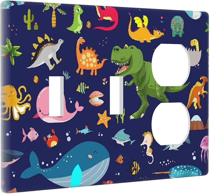 Cute Ocean Dolphin Marine Animal Kids 3-Gang 2-Toggle 1-Duplex Device Combination Wall Plate Funny Blue Dinosaur Decorative Combo Double Toggle/Single Duplex Receptacle Outlet Light Switch Cover Plate