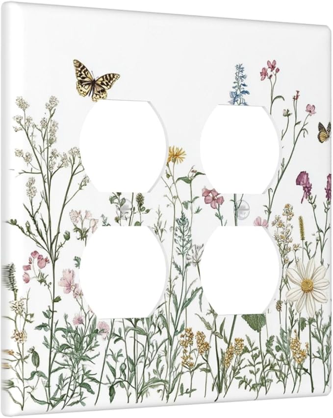 Outlet Covers Rustic Wildflowers Butterfly Colorful Floral 2 Gang Double Duplex Decorative Light Switch Covers Electrical Wallplates Socket Faceplate For Bed Room Living Room Decor