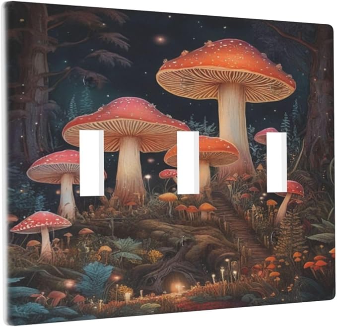 Decorative Art Light Switch Covers Enchanted Mushroom Forest 3 Gang Triple Toggle Wall Plate Decorative Switch plate Electrical Faceplate for Home Decor