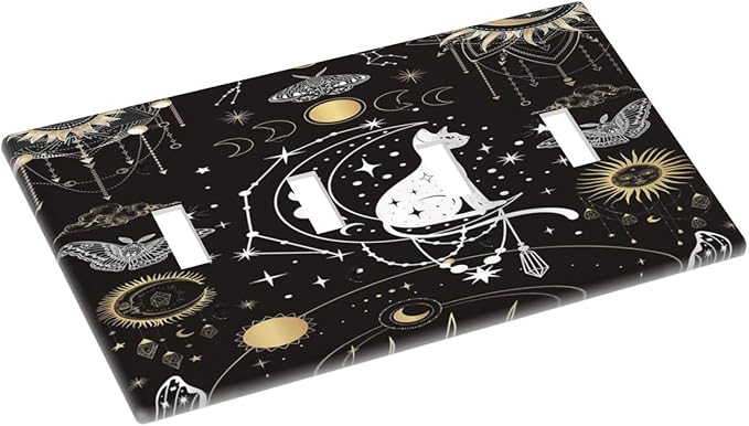 White Cat Tarot Moon Phases Moth Celestial Gothic Light Switch Covers Quad Toggle Electrical Faceplate 4 Gang Wall Plate Decorative Switch Plates Cover for Kids Room Bedroom Decor
