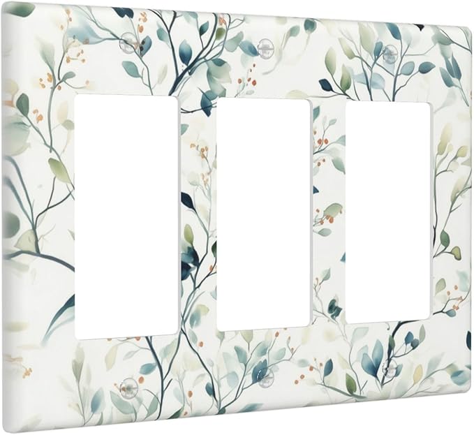 Watercolor Floral Green Leaves Triple Rocker Light Switch Cover Green Botanical Flowers 3 Gang Rocker Switchplates Wall Plate Decorative Faceplate for Bedroom Kitchen Living Room Decor