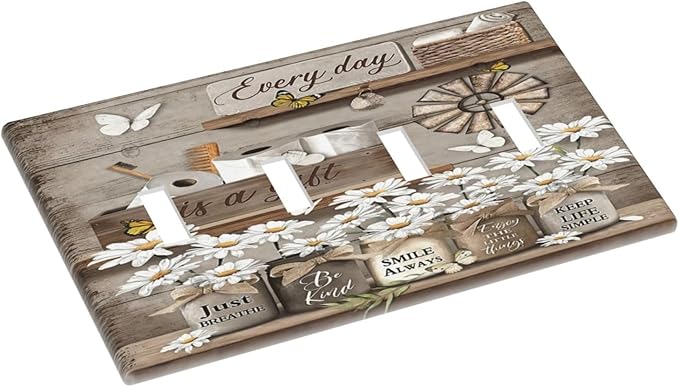 Rustic Daisy Flower Butterfly Inspirational Cottage Light Switch Covers Quad Toggle Electrical Faceplate 4 Gang Wall Plate Decorative Switch Plates Cover for Farmhouse Bedroom Decor